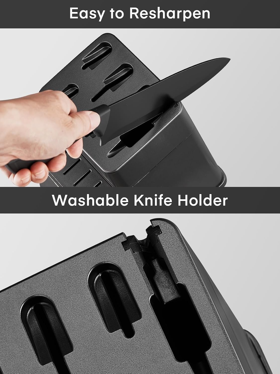 Knife Set, FOHERE 14 Pcs Knife Sets for Kitchen with Block, Dishwasher Safe, BO Oxidation German Stainless Steel Kitchen Knife Set with Built-in Sharpener, Anti-slip Ergonomic Handle, Black Granite