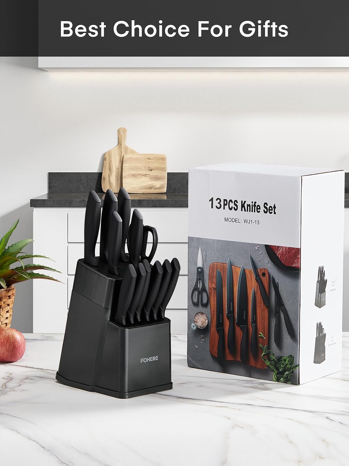 Knife Set, FOHERE 14 Pcs Knife Sets for Kitchen with Block, Dishwasher Safe, BO Oxidation German Stainless Steel Kitchen Knife Set with Built-in Sharpener, Anti-slip Ergonomic Handle, Black Granite