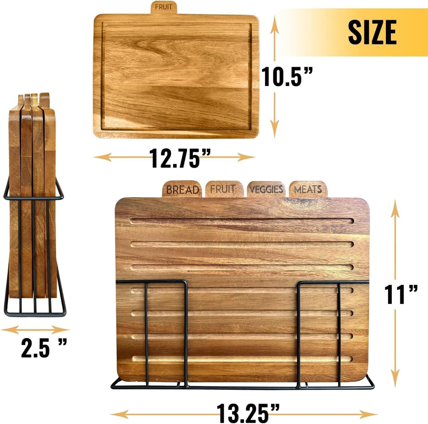 Acacia Cutting Boards for Kitchen with Holder 13" x 11" x 2.5" | Labeled Wood Cutting Board Sets | Large Wooden Cutting Board Set of 4 with Black Organized Stand | Non Toxic Chopping Board