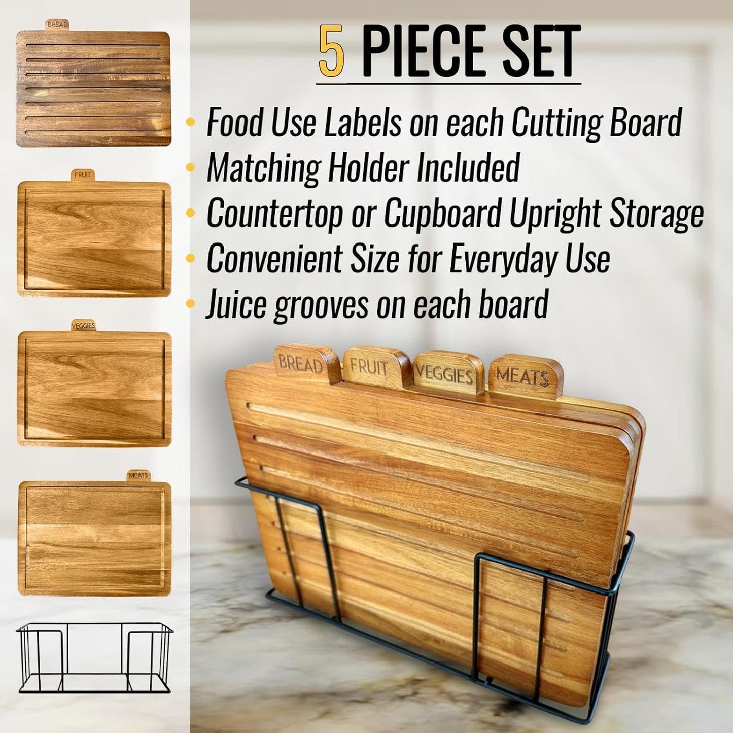 Acacia Cutting Boards for Kitchen with Holder 13" x 11" x 2.5" | Labeled Wood Cutting Board Sets | Large Wooden Cutting Board Set of 4 with Black Organized Stand | Non Toxic Chopping Board