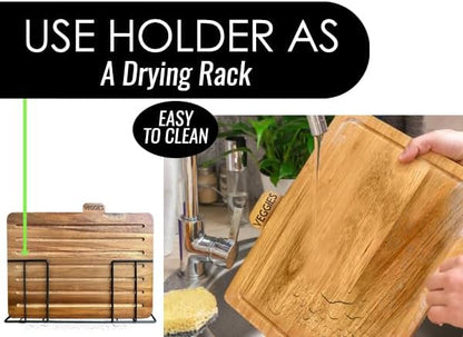 Acacia Cutting Boards for Kitchen with Holder 13" x 11" x 2.5" | Labeled Wood Cutting Board Sets | Large Wooden Cutting Board Set of 4 with Black Organized Stand | Non Toxic Chopping Board