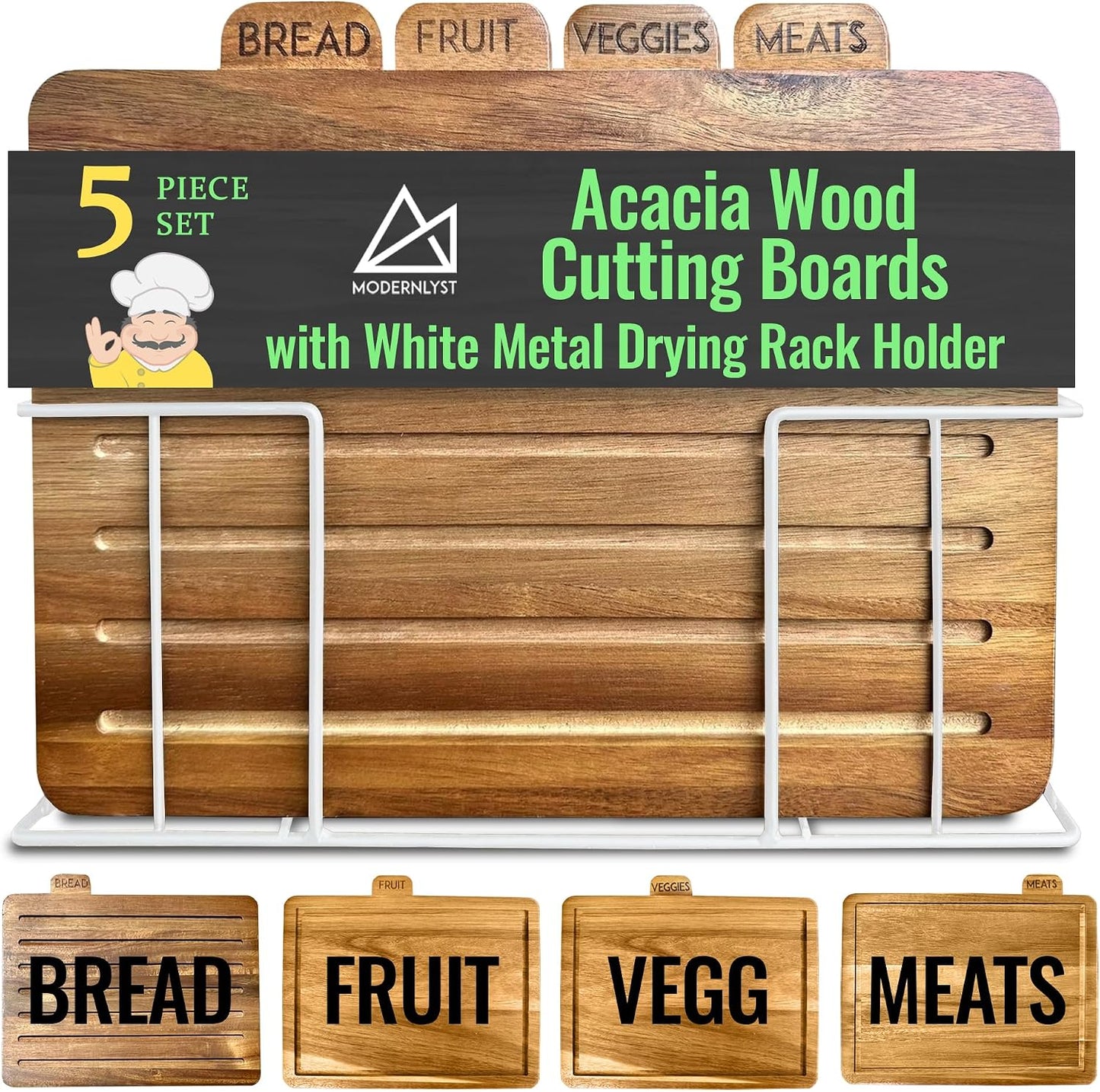 Acacia Cutting Boards for Kitchen with Holder 13" x 11" x 2.5" | Labeled Wood Cutting Board Sets | Large Wooden Cutting Board Set of 4 with Black Organized Stand | Non Toxic Chopping Board