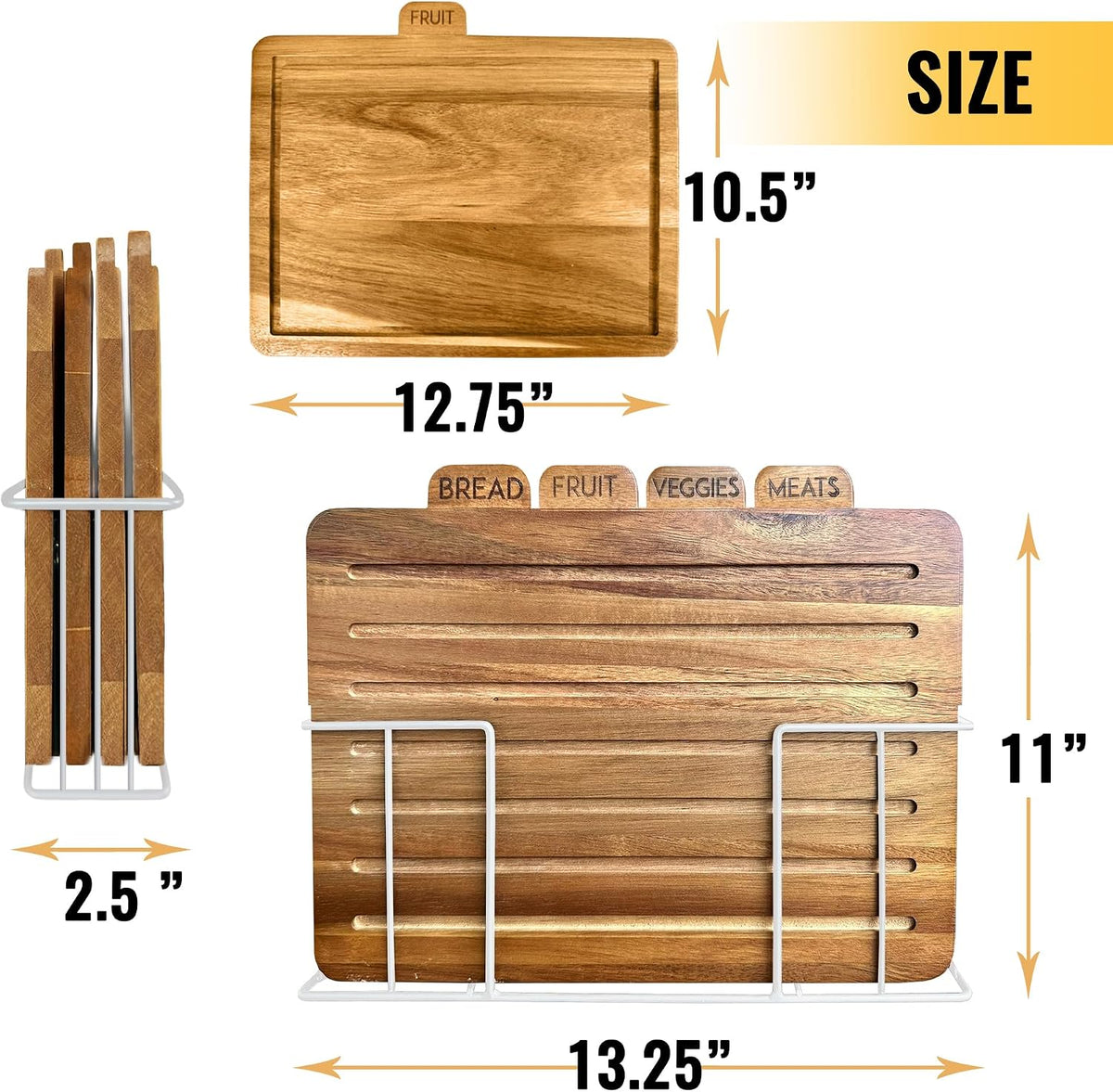 Acacia Cutting Boards for Kitchen with Holder 13" x 11" x 2.5" | Labeled Wood Cutting Board Sets | Large Wooden Cutting Board Set of 4 with Black Organized Stand | Non Toxic Chopping Board