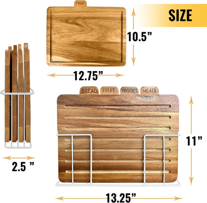 Acacia Cutting Boards for Kitchen with Holder 13" x 11" x 2.5" | Labeled Wood Cutting Board Sets | Large Wooden Cutting Board Set of 4 with Black Organized Stand | Non Toxic Chopping Board