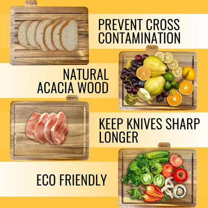 Acacia Cutting Boards for Kitchen with Holder 13" x 11" x 2.5" | Labeled Wood Cutting Board Sets | Large Wooden Cutting Board Set of 4 with Black Organized Stand | Non Toxic Chopping Board