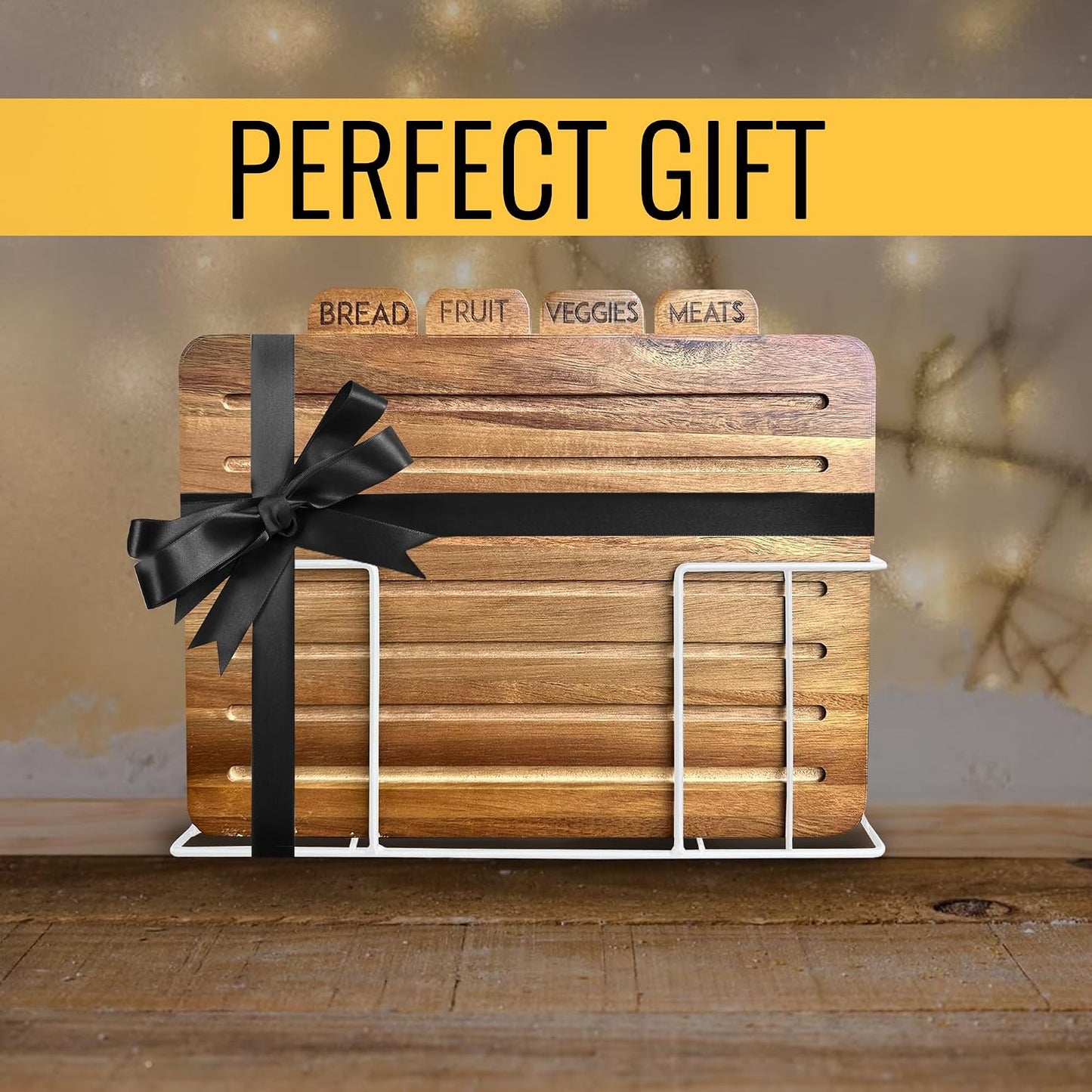 Acacia Cutting Boards for Kitchen with Holder 13" x 11" x 2.5" | Labeled Wood Cutting Board Sets | Large Wooden Cutting Board Set of 4 with Black Organized Stand | Non Toxic Chopping Board