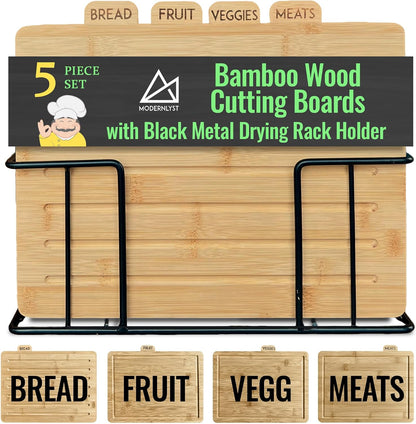 Acacia Cutting Boards for Kitchen with Holder 13" x 11" x 2.5" | Labeled Wood Cutting Board Sets | Large Wooden Cutting Board Set of 4 with Black Organized Stand | Non Toxic Chopping Board