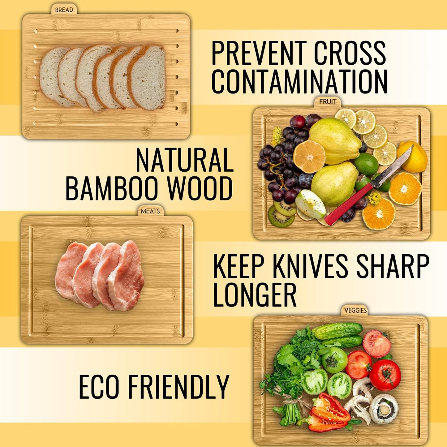 Acacia Cutting Boards for Kitchen with Holder 13" x 11" x 2.5" | Labeled Wood Cutting Board Sets | Large Wooden Cutting Board Set of 4 with Black Organized Stand | Non Toxic Chopping Board