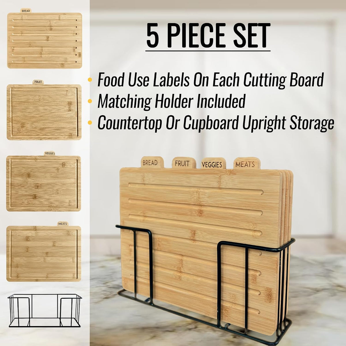 Acacia Cutting Boards for Kitchen with Holder 13" x 11" x 2.5" | Labeled Wood Cutting Board Sets | Large Wooden Cutting Board Set of 4 with Black Organized Stand | Non Toxic Chopping Board