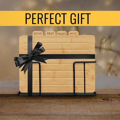 Acacia Cutting Boards for Kitchen with Holder 13" x 11" x 2.5" | Labeled Wood Cutting Board Sets | Large Wooden Cutting Board Set of 4 with Black Organized Stand | Non Toxic Chopping Board