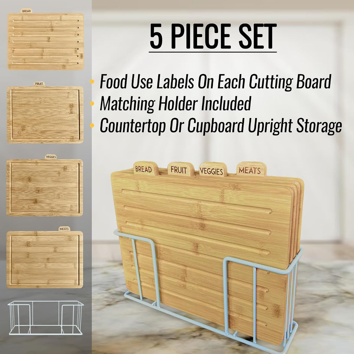 Acacia Cutting Boards for Kitchen with Holder 13" x 11" x 2.5" | Labeled Wood Cutting Board Sets | Large Wooden Cutting Board Set of 4 with Black Organized Stand | Non Toxic Chopping Board