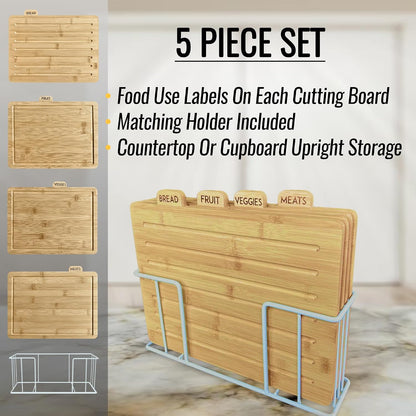 Acacia Cutting Boards for Kitchen with Holder 13" x 11" x 2.5" | Labeled Wood Cutting Board Sets | Large Wooden Cutting Board Set of 4 with Black Organized Stand | Non Toxic Chopping Board
