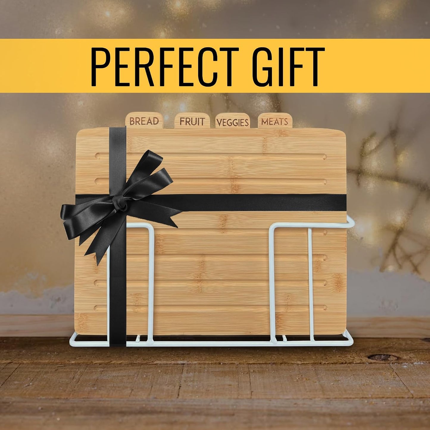 Acacia Cutting Boards for Kitchen with Holder 13" x 11" x 2.5" | Labeled Wood Cutting Board Sets | Large Wooden Cutting Board Set of 4 with Black Organized Stand | Non Toxic Chopping Board