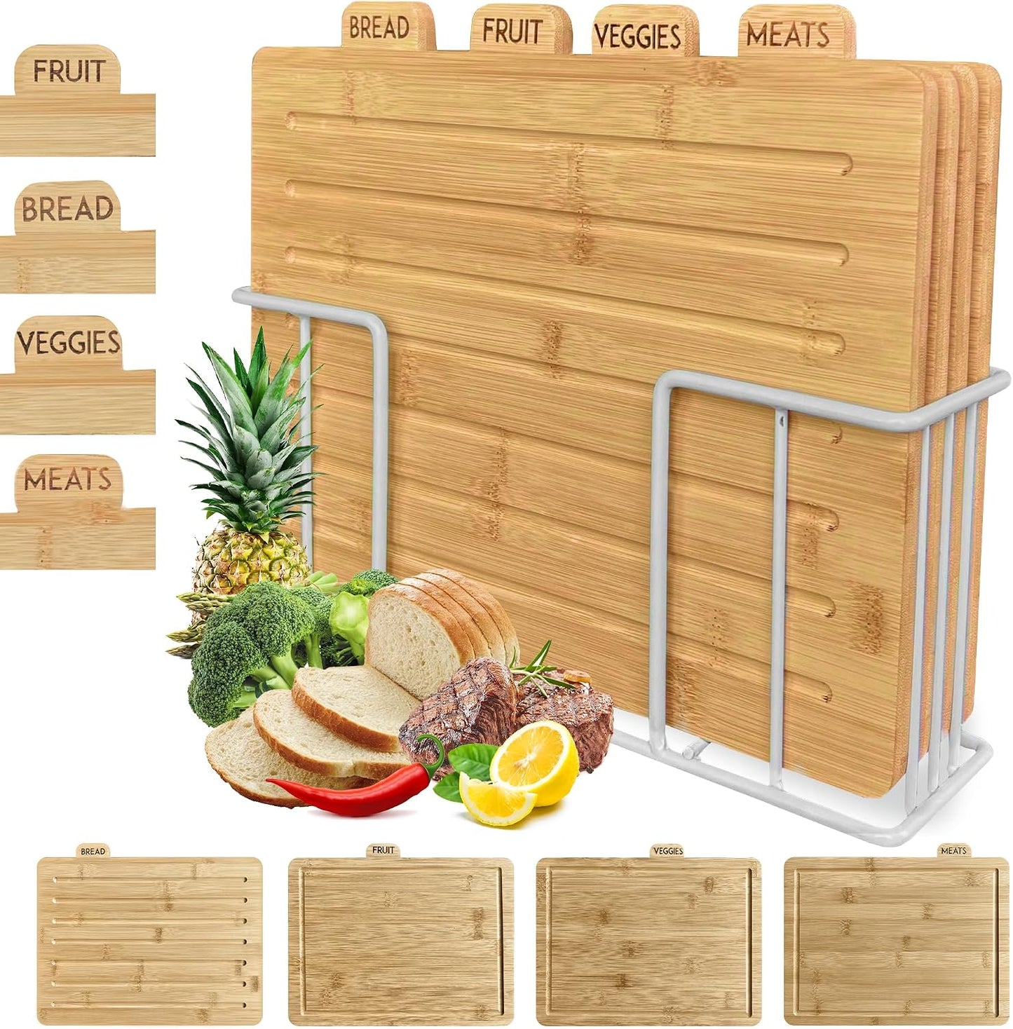Acacia Cutting Boards for Kitchen with Holder 13" x 11" x 2.5" | Labeled Wood Cutting Board Sets | Large Wooden Cutting Board Set of 4 with Black Organized Stand | Non Toxic Chopping Board