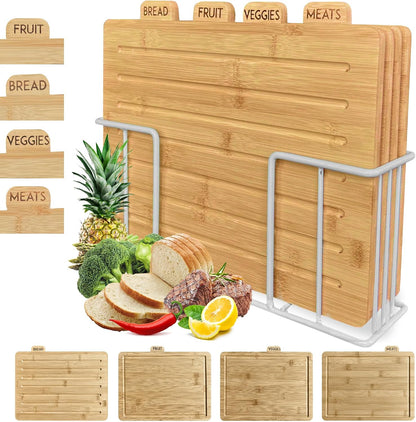 Acacia Cutting Boards for Kitchen with Holder 13" x 11" x 2.5" | Labeled Wood Cutting Board Sets | Large Wooden Cutting Board Set of 4 with Black Organized Stand | Non Toxic Chopping Board