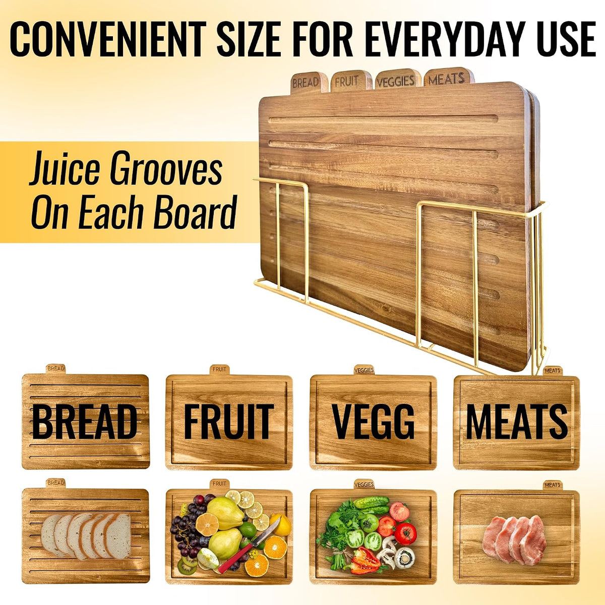 Acacia Cutting Boards for Kitchen with Holder 13" x 11" x 2.5" | Labeled Wood Cutting Board Sets | Large Wooden Cutting Board Set of 4 with Black Organized Stand | Non Toxic Chopping Board