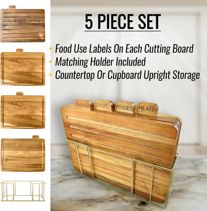 Acacia Cutting Boards for Kitchen with Holder 13" x 11" x 2.5" | Labeled Wood Cutting Board Sets | Large Wooden Cutting Board Set of 4 with Black Organized Stand | Non Toxic Chopping Board