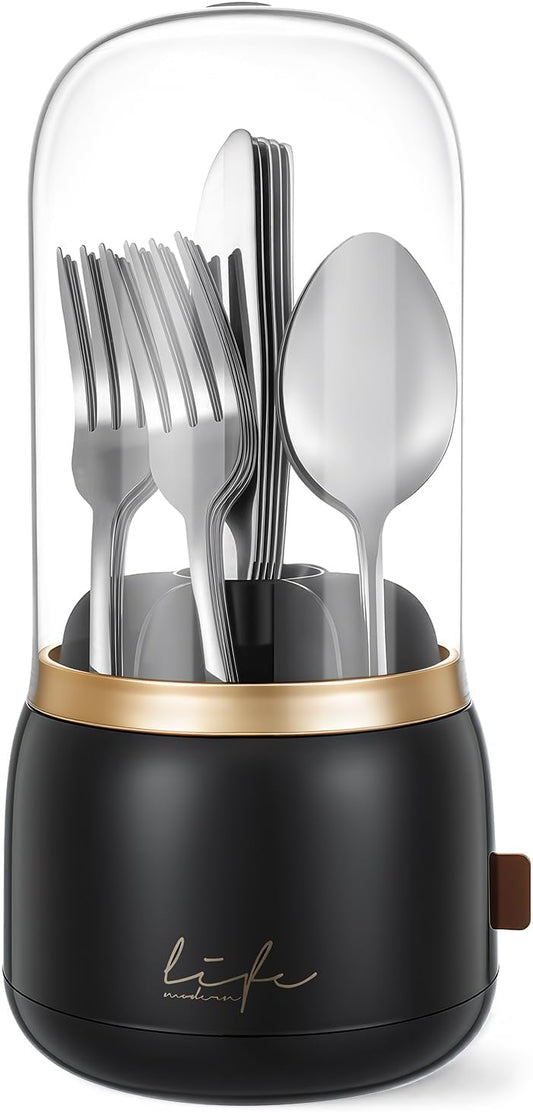 360° Rotation Silverware Organizer for Kitchen Counter,Utensil Holder Caddy Silverware Caddy Holder for Party,Spoon and Fork Organizer,7 Slots and Intermediate Drainage Device with Cover
