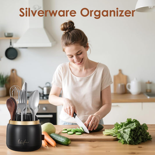 360° Rotation Silverware Organizer for Kitchen Counter,Utensil Holder Caddy Silverware Caddy Holder for Party,Spoon and Fork Organizer,7 Slots and Intermediate Drainage Device with Cover