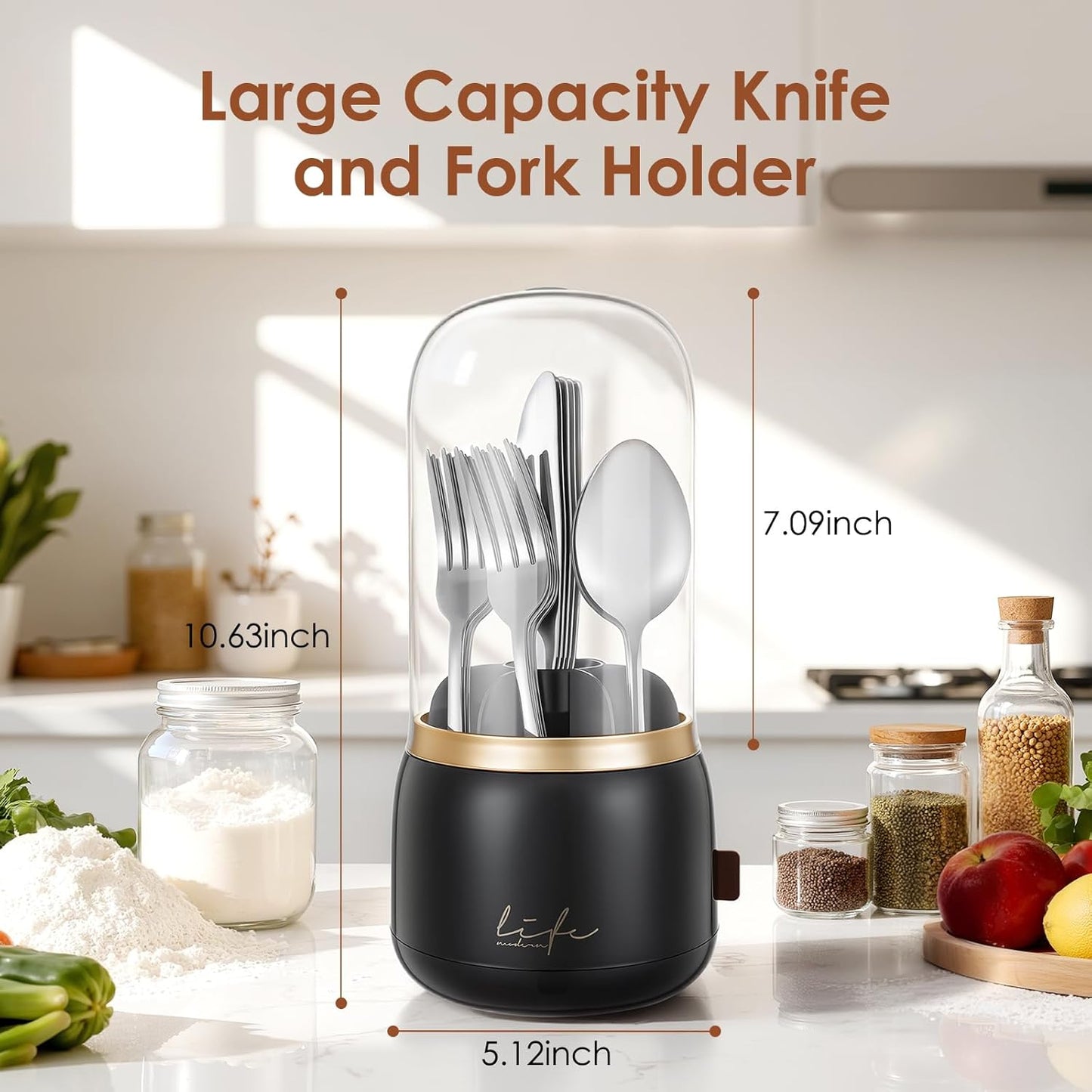 360° Rotation Silverware Organizer for Kitchen Counter,Utensil Holder Caddy Silverware Caddy Holder for Party,Spoon and Fork Organizer,7 Slots and Intermediate Drainage Device with Cover
