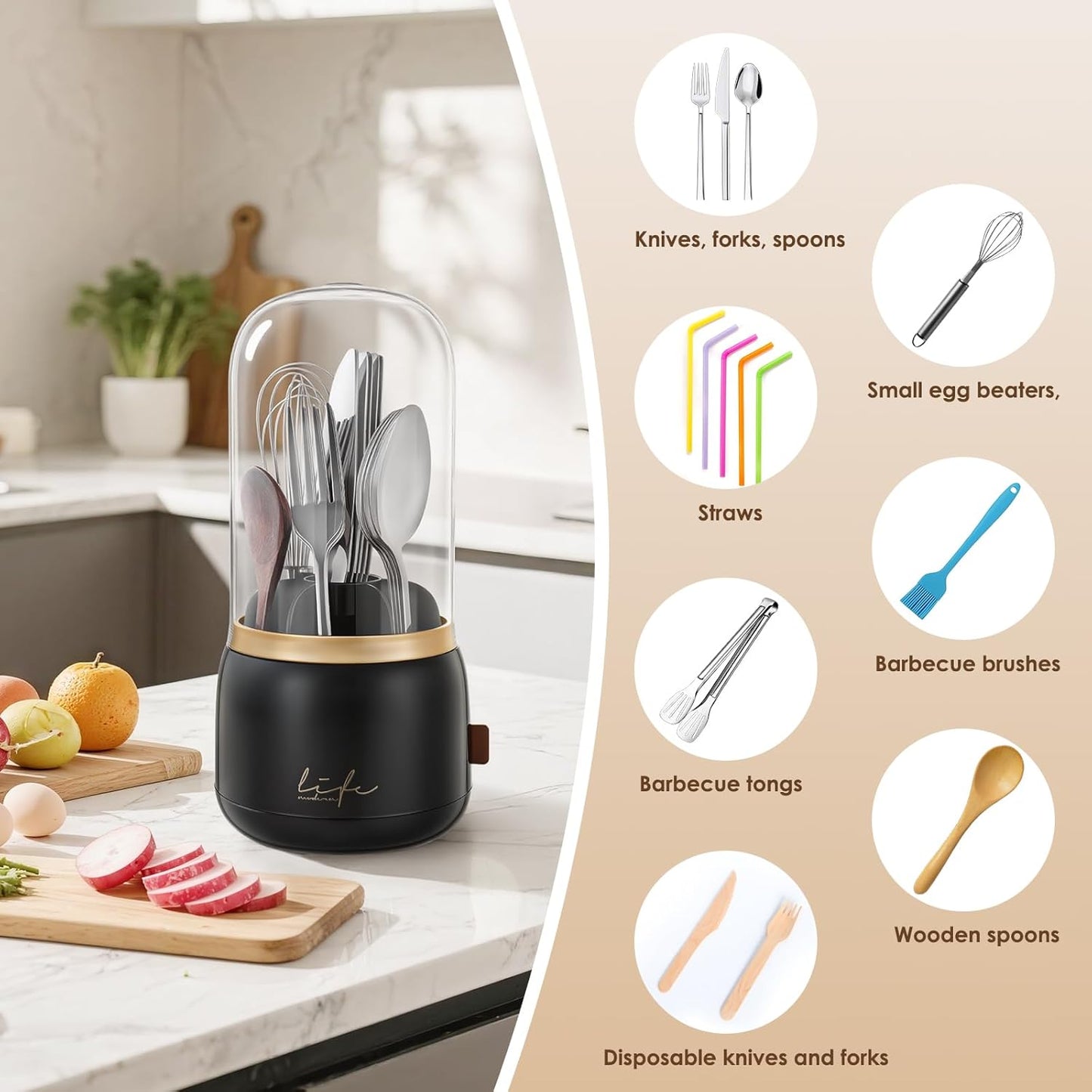 360° Rotation Silverware Organizer for Kitchen Counter,Utensil Holder Caddy Silverware Caddy Holder for Party,Spoon and Fork Organizer,7 Slots and Intermediate Drainage Device with Cover