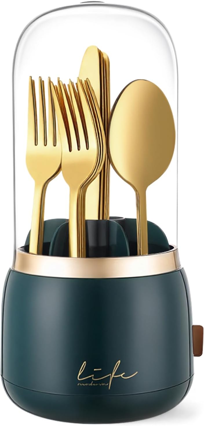 360° Rotation Silverware Organizer for Kitchen Counter,Utensil Holder Caddy Silverware Caddy Holder for Party,Spoon and Fork Organizer,7 Slots and Intermediate Drainage Device with Cover