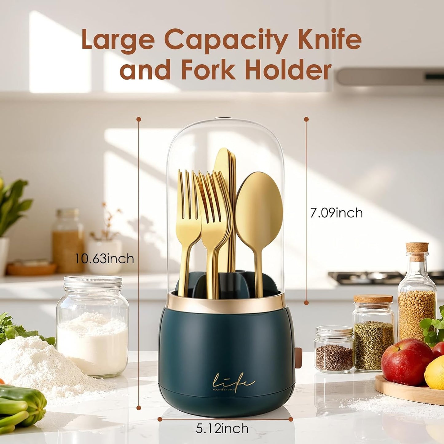 360° Rotation Silverware Organizer for Kitchen Counter,Utensil Holder Caddy Silverware Caddy Holder for Party,Spoon and Fork Organizer,7 Slots and Intermediate Drainage Device with Cover