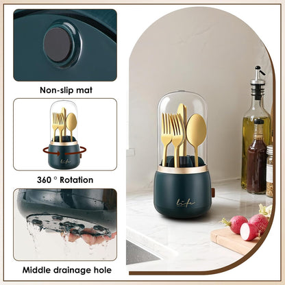 360° Rotation Silverware Organizer for Kitchen Counter,Utensil Holder Caddy Silverware Caddy Holder for Party,Spoon and Fork Organizer,7 Slots and Intermediate Drainage Device with Cover