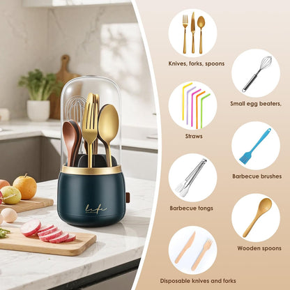 360° Rotation Silverware Organizer for Kitchen Counter,Utensil Holder Caddy Silverware Caddy Holder for Party,Spoon and Fork Organizer,7 Slots and Intermediate Drainage Device with Cover