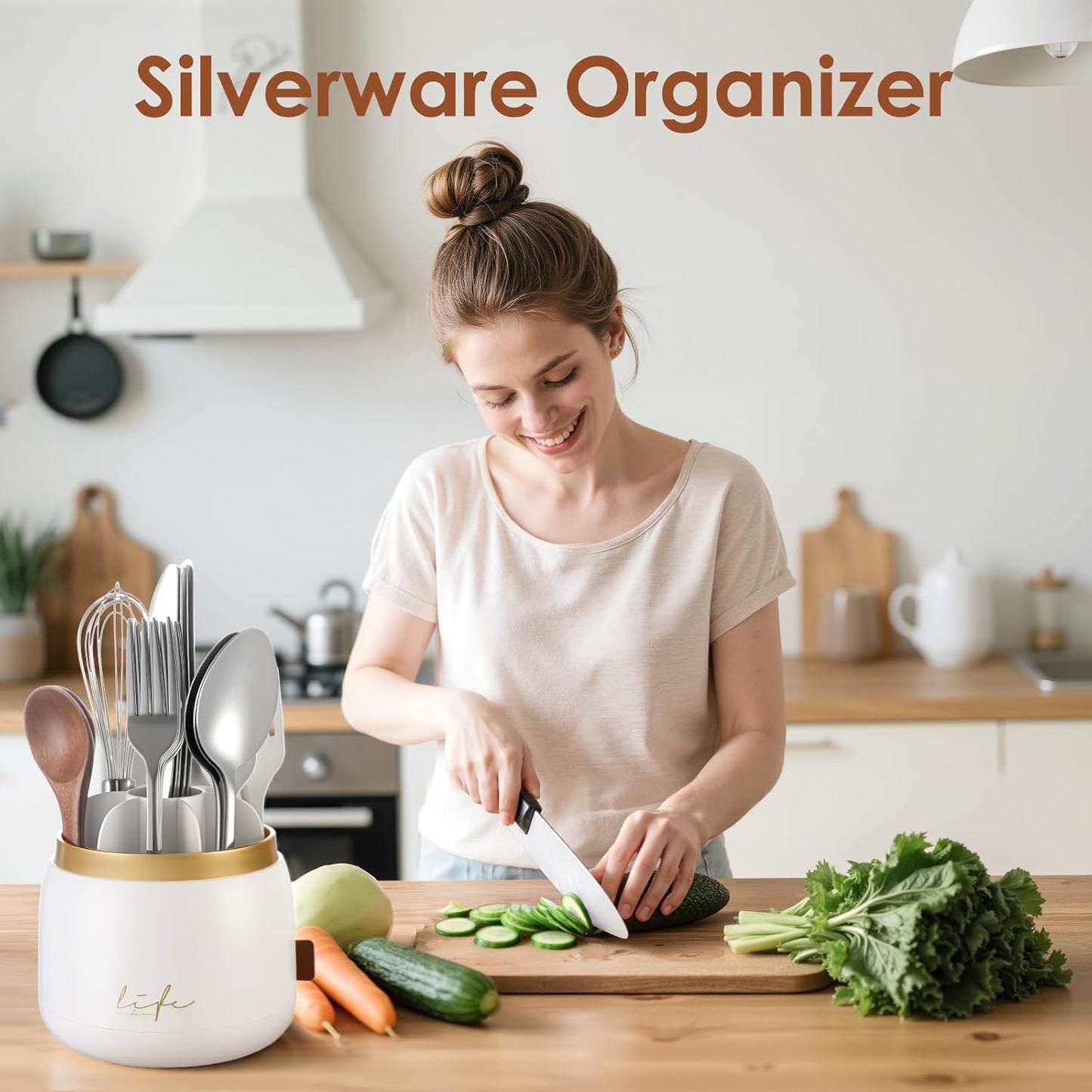 360° Rotation Silverware Organizer for Kitchen Counter,Utensil Holder Caddy Silverware Caddy Holder for Party,Spoon and Fork Organizer,7 Slots and Intermediate Drainage Device with Cover