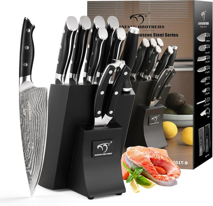 9 Pieces Damascus Kitchen Knife Sets with 67-Layer Japanese Damascus Steel, ABS Ergonomic Handle, Professional Ultra Sharp Knife Sets for Chefs with Beechwood Block