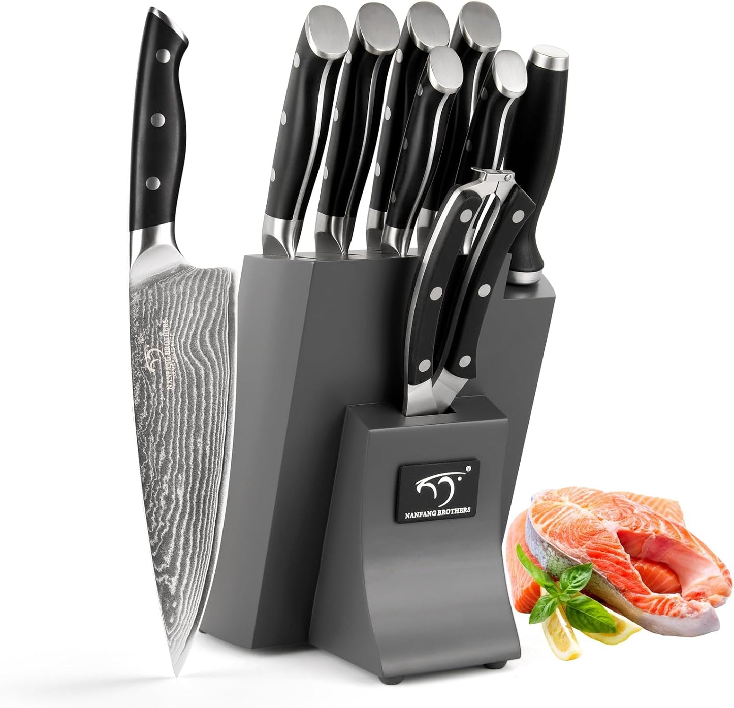 9 Pieces Damascus Kitchen Knife Sets with 67-Layer Japanese Damascus Steel, ABS Ergonomic Handle, Professional Ultra Sharp Knife Sets for Chefs with Beechwood Block