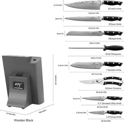 9 Pieces Damascus Kitchen Knife Sets with 67-Layer Japanese Damascus Steel, ABS Ergonomic Handle, Professional Ultra Sharp Knife Sets for Chefs with Beechwood Block