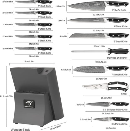 9 Pieces Damascus Kitchen Knife Sets with 67-Layer Japanese Damascus Steel, ABS Ergonomic Handle, Professional Ultra Sharp Knife Sets for Chefs with Beechwood Block