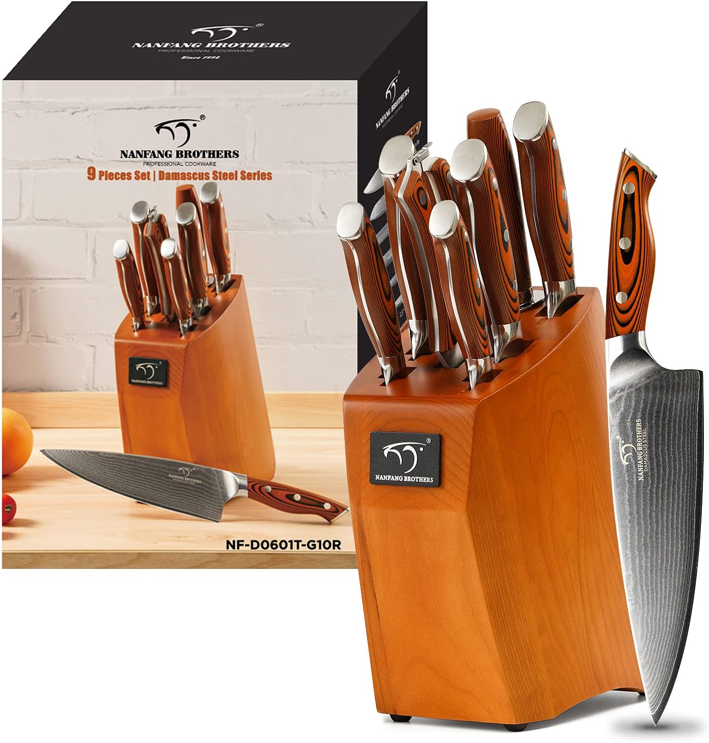 9 Pieces Damascus Kitchen Knife Sets with 67-Layer Japanese Damascus Steel, ABS Ergonomic Handle, Professional Ultra Sharp Knife Sets for Chefs with Beechwood Block
