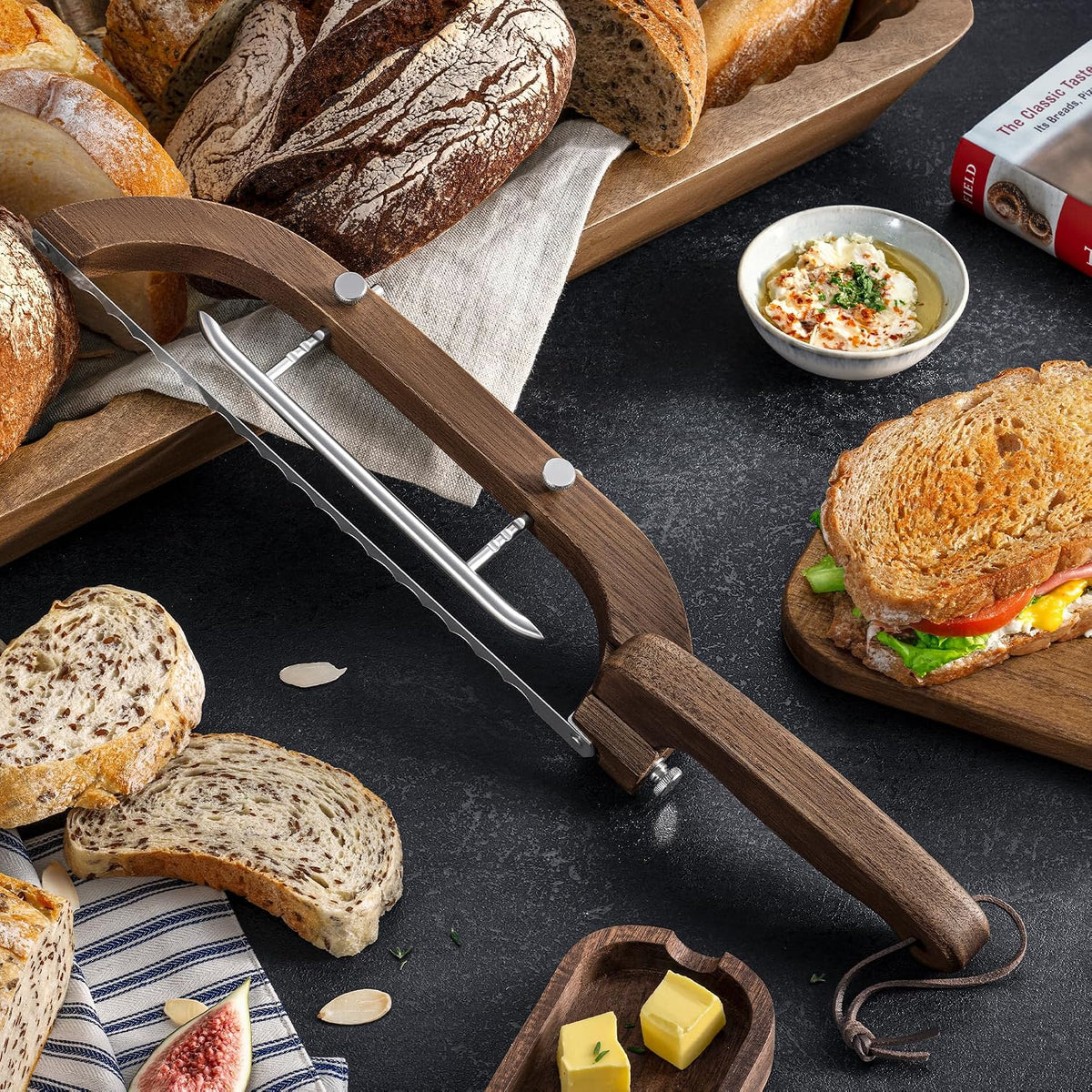 Adjustable Bread Bow Knife for Perfect Slices, Premium Wooden Frame, Tool-Free Blade Replacement, Multi-Thickness Cutter for Homemade Bread, Sourdough, Bagels, Loaves - Australian Mountain Ash