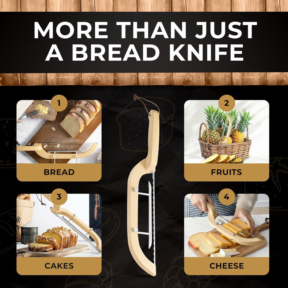 Adjustable Bread Bow Knife for Perfect Slices, Premium Wooden Frame, Tool-Free Blade Replacement, Multi-Thickness Cutter for Homemade Bread, Sourdough, Bagels, Loaves - Australian Mountain Ash