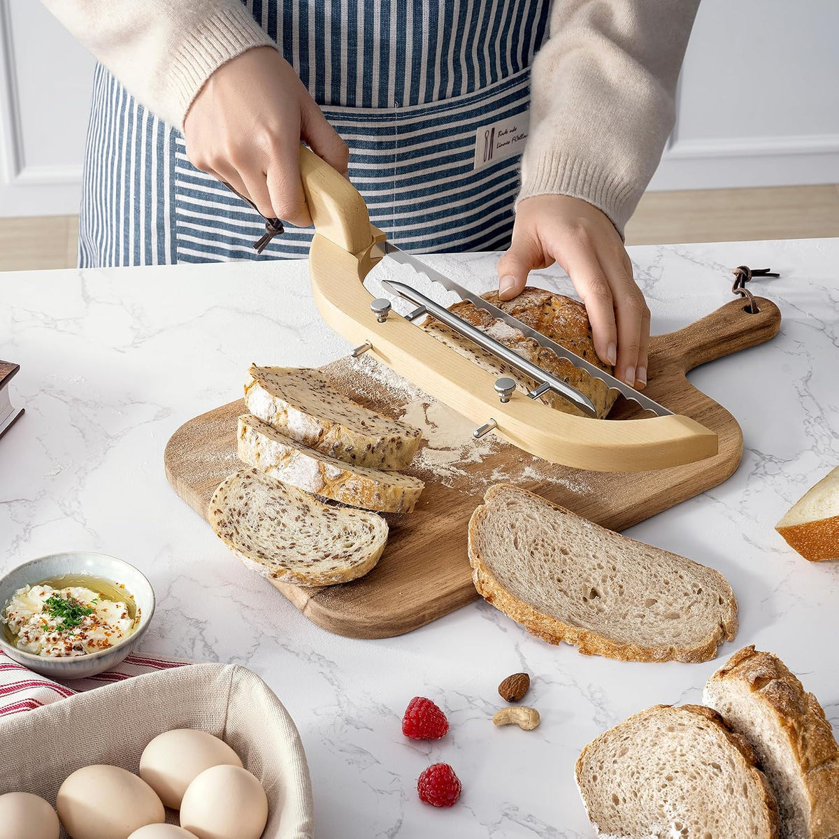 Adjustable Bread Bow Knife for Perfect Slices, Premium Wooden Frame, Tool-Free Blade Replacement, Multi-Thickness Cutter for Homemade Bread, Sourdough, Bagels, Loaves - Australian Mountain Ash