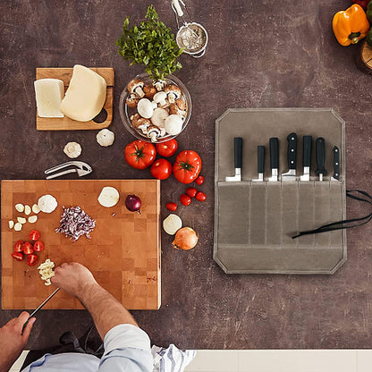 Waxed Canvas Chef Knife Roll Bag Case,Heavy Duty Knife Roll Bag Storage Knife Cutlery Tool Bag Case with 6 Slots Knife Cultery Carrier For Chefs