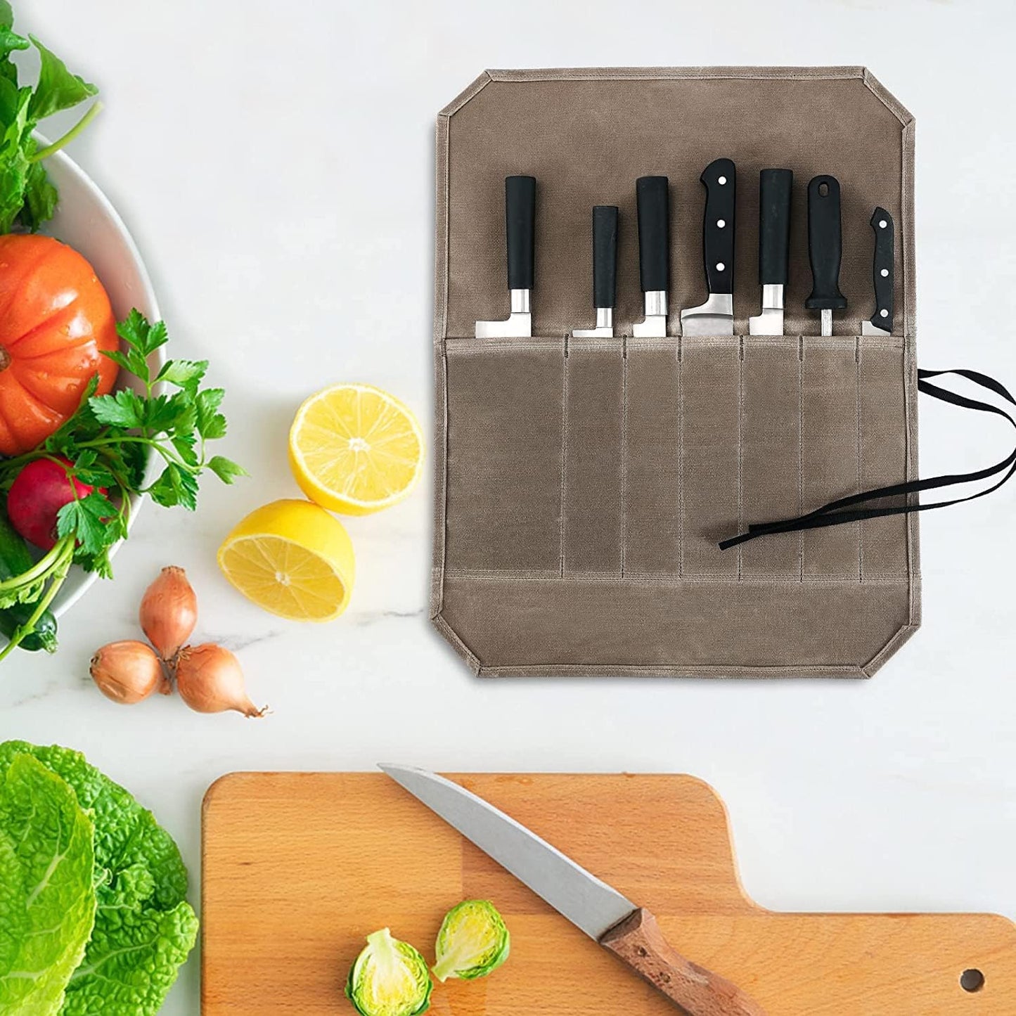 Waxed Canvas Chef Knife Roll Bag Case,Heavy Duty Knife Roll Bag Storage Knife Cutlery Tool Bag Case with 6 Slots Knife Cultery Carrier For Chefs