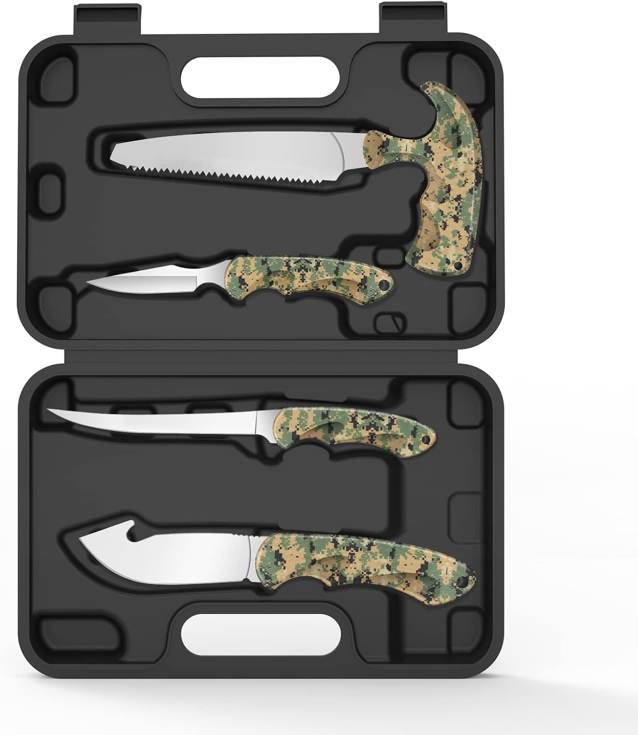 Hunting Knife Kit, 6 Pieces Stainless Steel Knife Set with Gut Hook, Skinning, Boning, Saw, Gloves & Case for Games, Camping, Fishing, Survival (HF01)