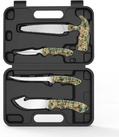 Hunting Knife Kit, 6 Pieces Stainless Steel Knife Set with Gut Hook, Skinning, Boning, Saw, Gloves & Case for Games, Camping, Fishing, Survival (HF01)