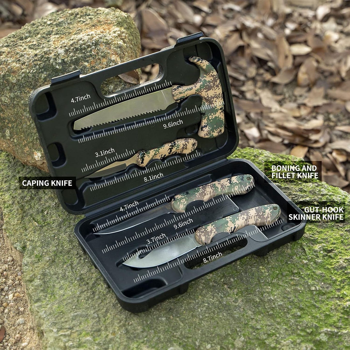 Hunting Knife Kit, 6 Pieces Stainless Steel Knife Set with Gut Hook, Skinning, Boning, Saw, Gloves & Case for Games, Camping, Fishing, Survival (HF01)