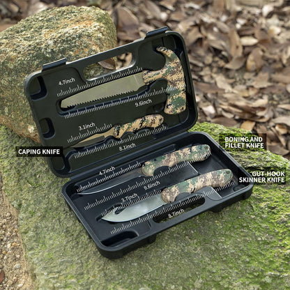Hunting Knife Kit, 6 Pieces Stainless Steel Knife Set with Gut Hook, Skinning, Boning, Saw, Gloves & Case for Games, Camping, Fishing, Survival (HF01)
