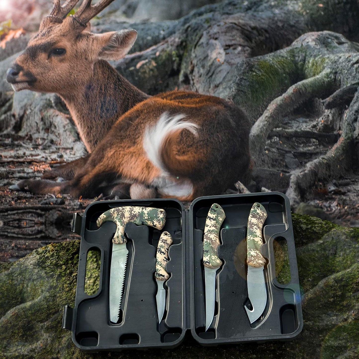 Hunting Knife Kit, 6 Pieces Stainless Steel Knife Set with Gut Hook, Skinning, Boning, Saw, Gloves & Case for Games, Camping, Fishing, Survival (HF01)