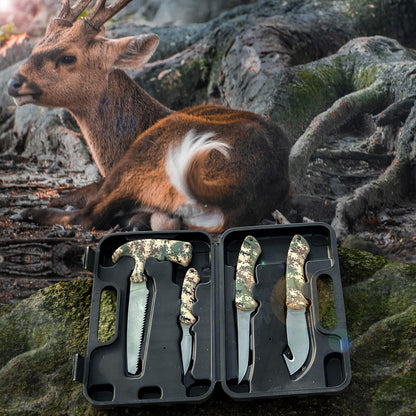 Hunting Knife Kit, 6 Pieces Stainless Steel Knife Set with Gut Hook, Skinning, Boning, Saw, Gloves & Case for Games, Camping, Fishing, Survival (HF01)