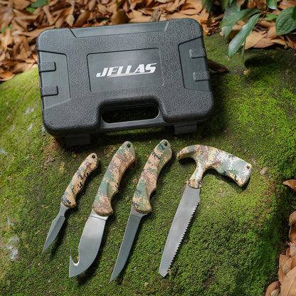 Hunting Knife Kit, 6 Pieces Stainless Steel Knife Set with Gut Hook, Skinning, Boning, Saw, Gloves & Case for Games, Camping, Fishing, Survival (HF01)