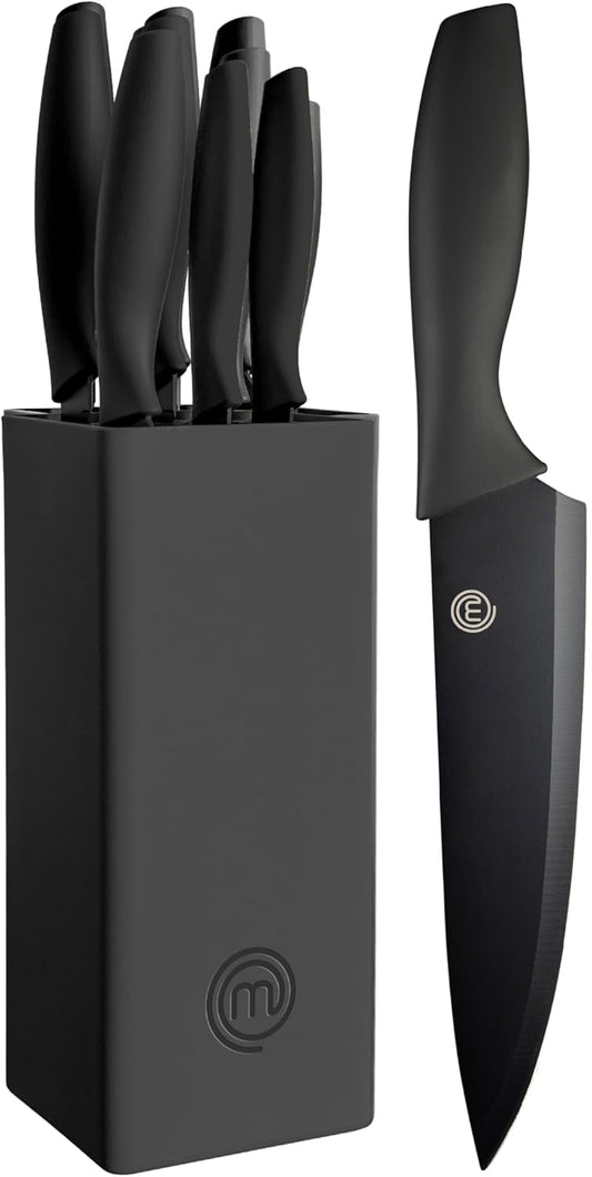 Knife Set with Block, 6 Kitchen Knives and a Universal Knife Holder, Extra Sharp Stainless Steel Blades for Precise Cutting with Non Stick Coating & Soft Touch Easy Grip Handles, Black