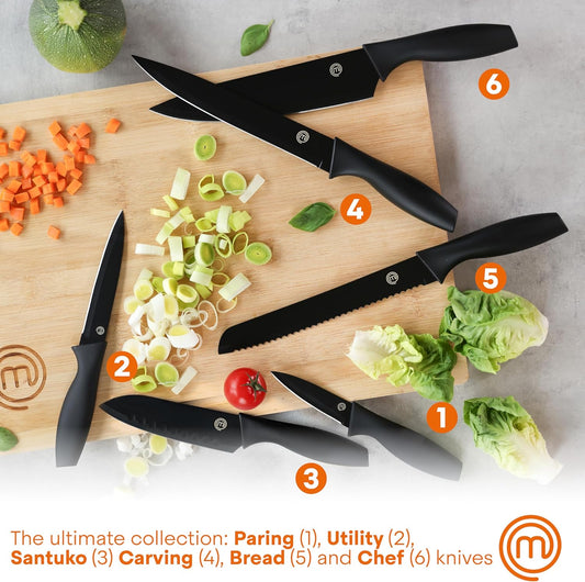 Knife Set with Block, 6 Kitchen Knives and a Universal Knife Holder, Extra Sharp Stainless Steel Blades for Precise Cutting with Non Stick Coating & Soft Touch Easy Grip Handles, Black