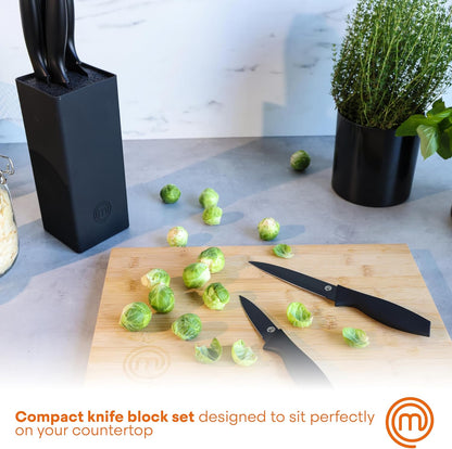 Knife Set with Block, 6 Kitchen Knives and a Universal Knife Holder, Extra Sharp Stainless Steel Blades for Precise Cutting with Non Stick Coating & Soft Touch Easy Grip Handles, Black